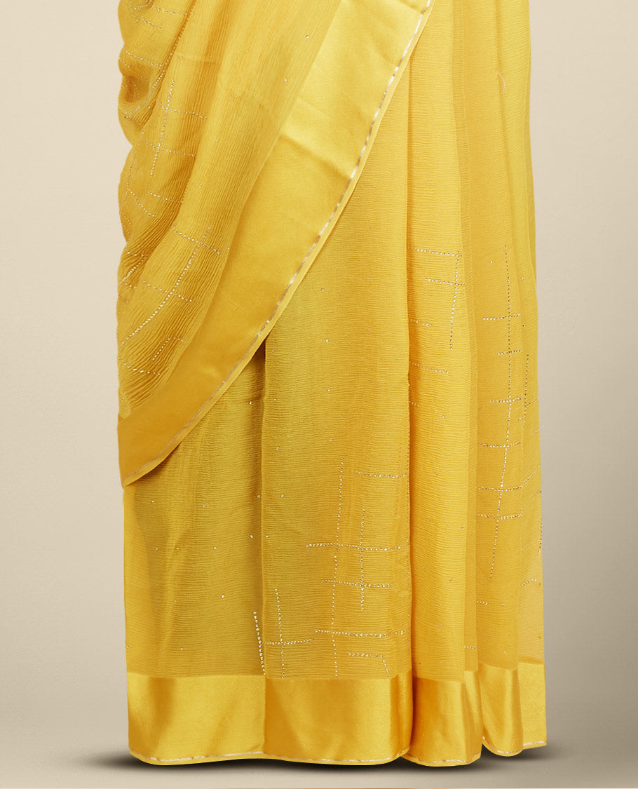 Mustard yellow embroidery pure chiffon saree with geometric patterns in micro stones, plain border