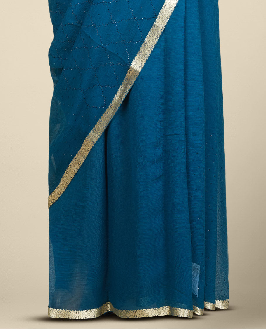 Blue embroidered pure chiffon saree with jaal patterned in micro stones, intricate border & pallu