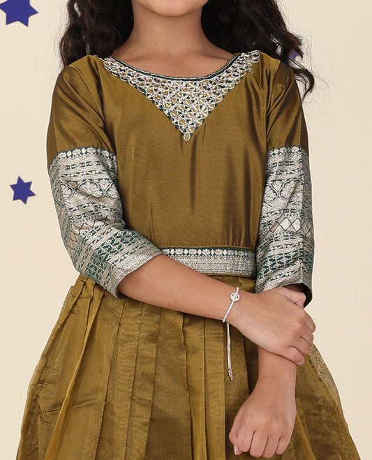 Green traditional motifs & mirror embroidered 3/4th sleeve full maxi-type readymade churidar set
