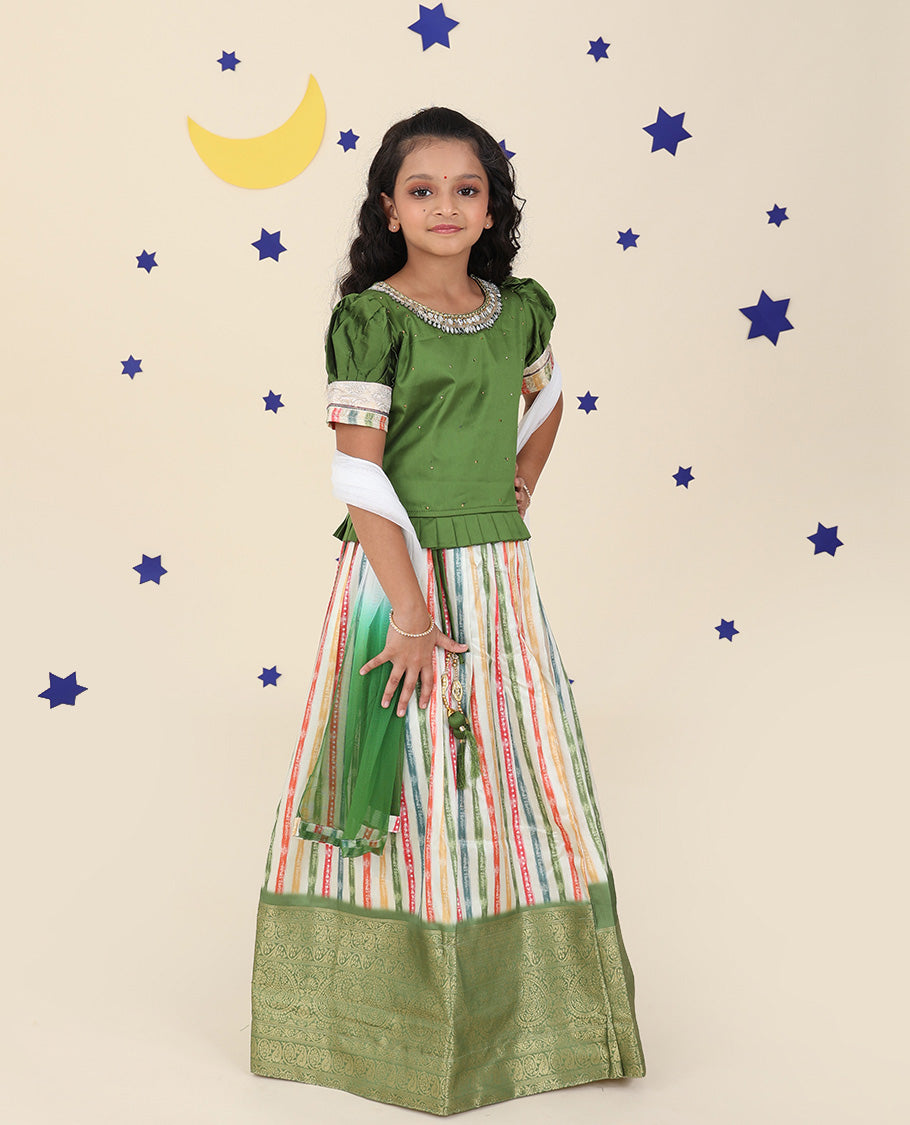 Multi-color cholly set, stripes printed & traditional border skirt,contrast embroidery puff-sleeve blouse & net dupatta