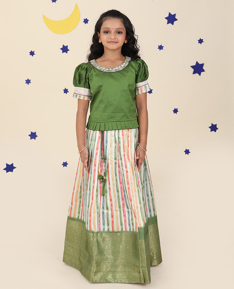 Multi-color cholly set, stripes printed & traditional border skirt,contrast embroidery puff-sleeve blouse & net dupatta