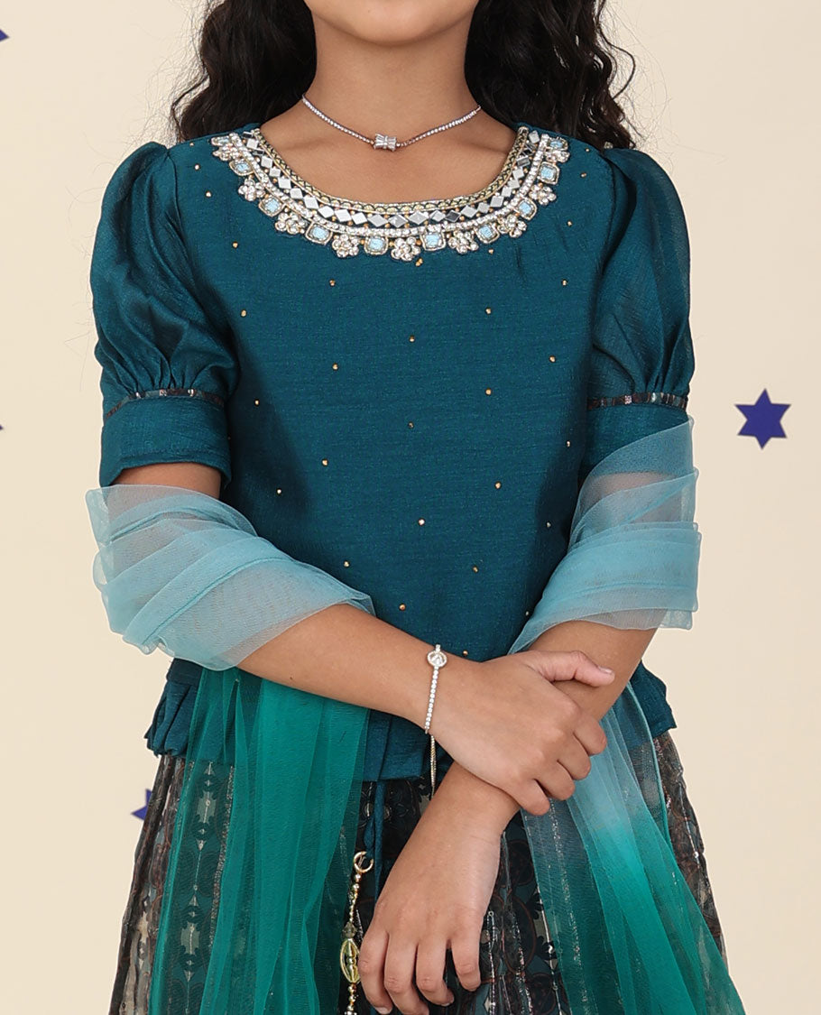Blue cholly set features intricately printed skirt, embroidered puff-sleeve blouse & net dupatta