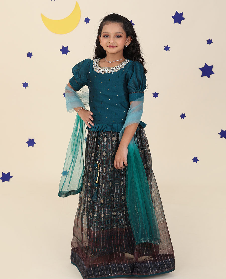 Blue cholly set features intricately printed skirt, embroidered puff-sleeve blouse & net dupatta