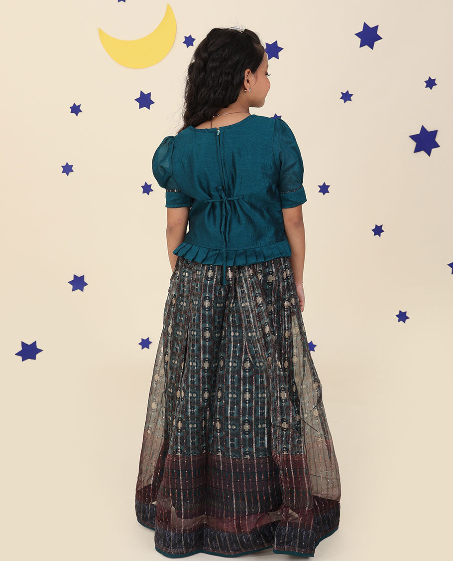 Blue cholly set features intricately printed skirt, embroidered puff-sleeve blouse & net dupatta