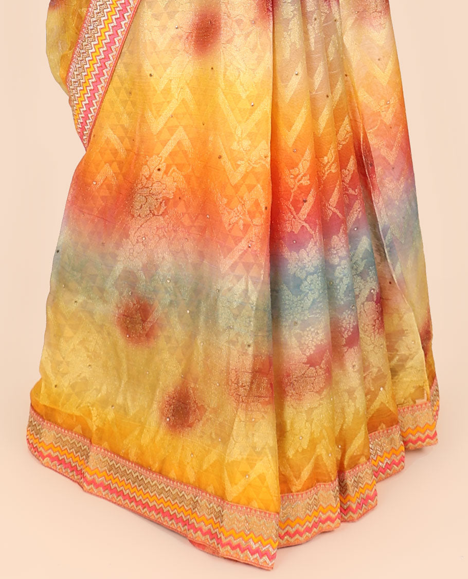 Multi-color geometric & floral patterns printed casual wear saree with stonework, chevron patch border