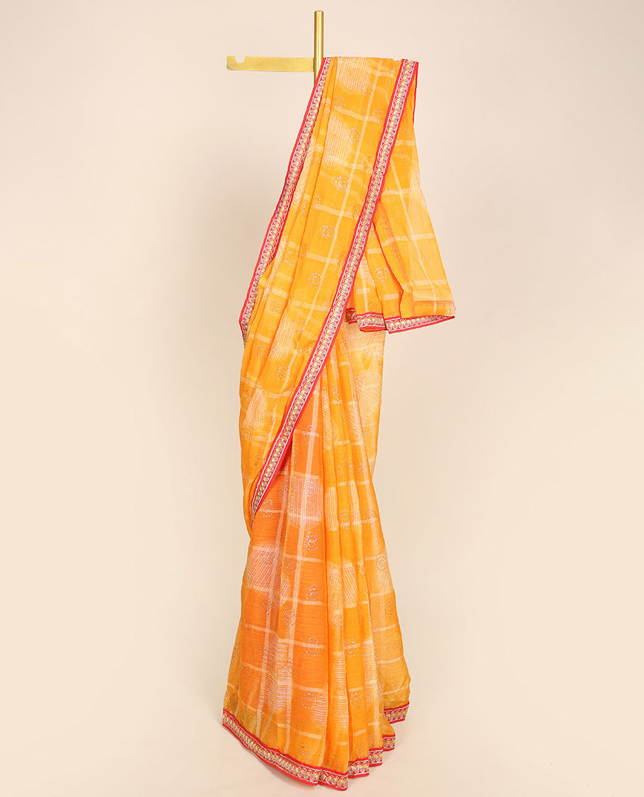 Orange checked-design casual wear saree with stonework, contrast embroidered border