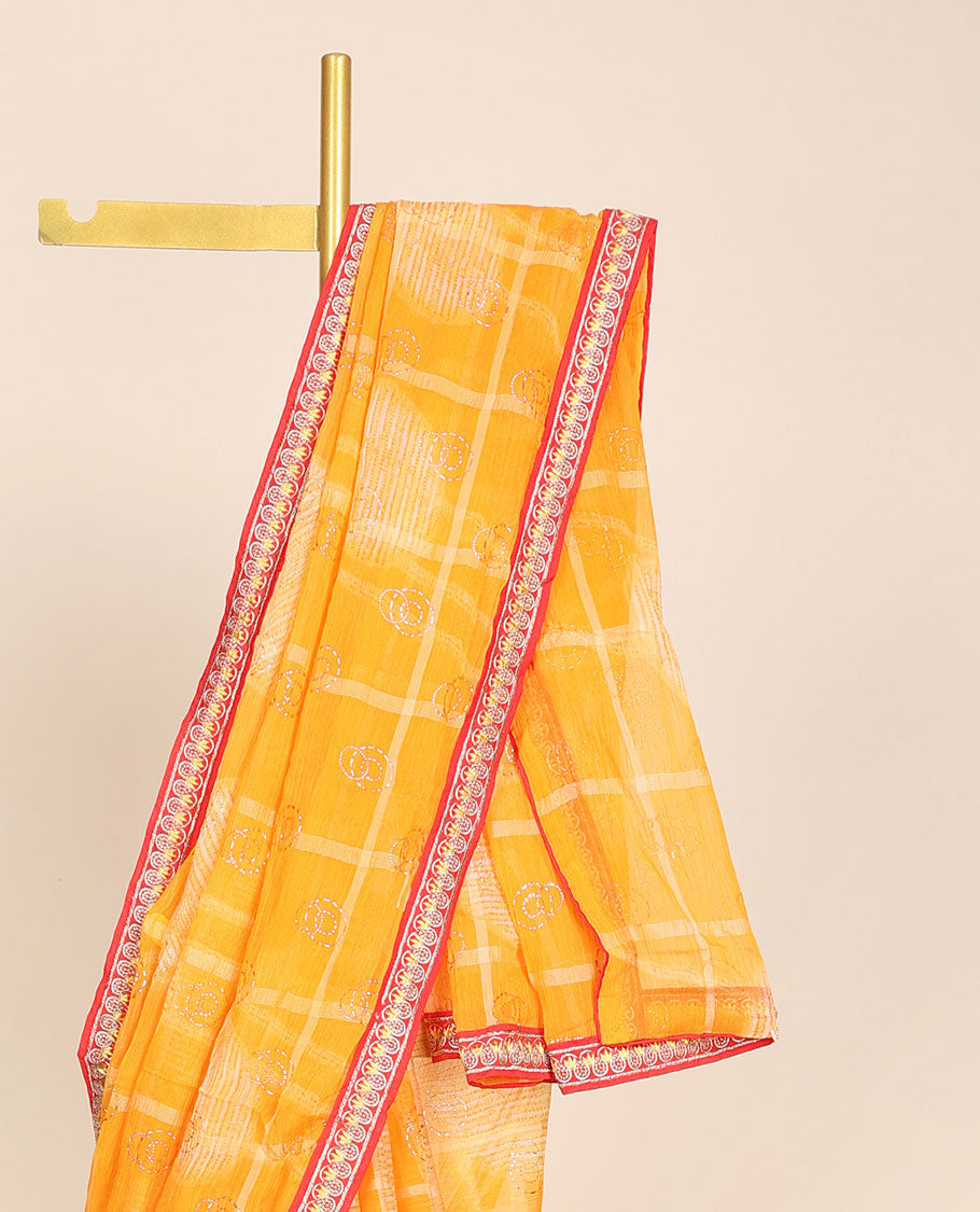 Orange checked-design casual wear saree with stonework, contrast embroidered border