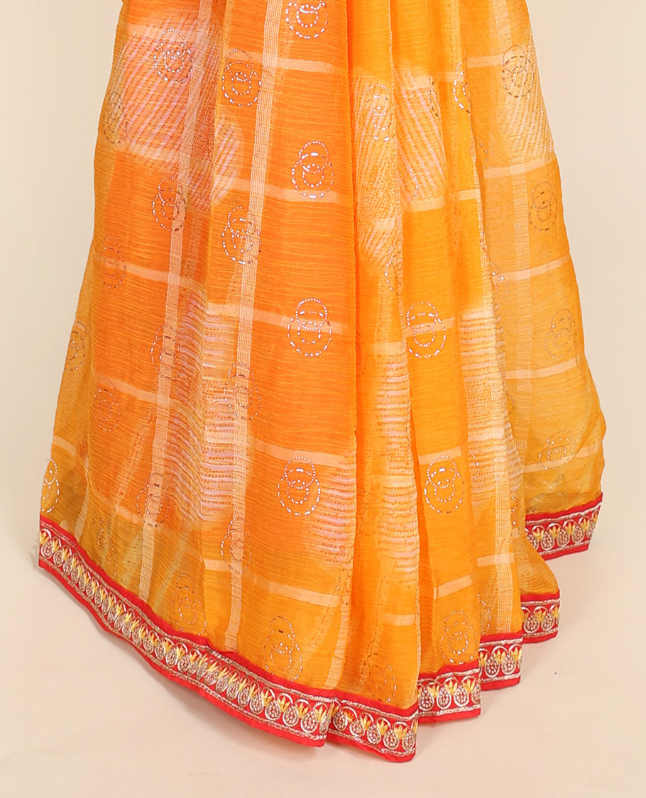 Orange checked-design casual wear saree with stonework, contrast embroidered border
