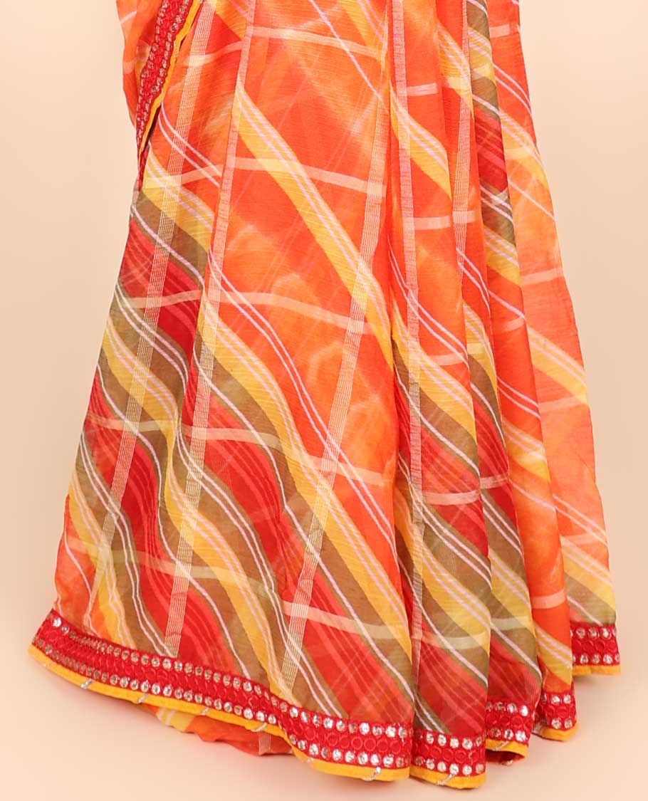 Muti-color geometric printed casual wear saree, embroidered patchwork border