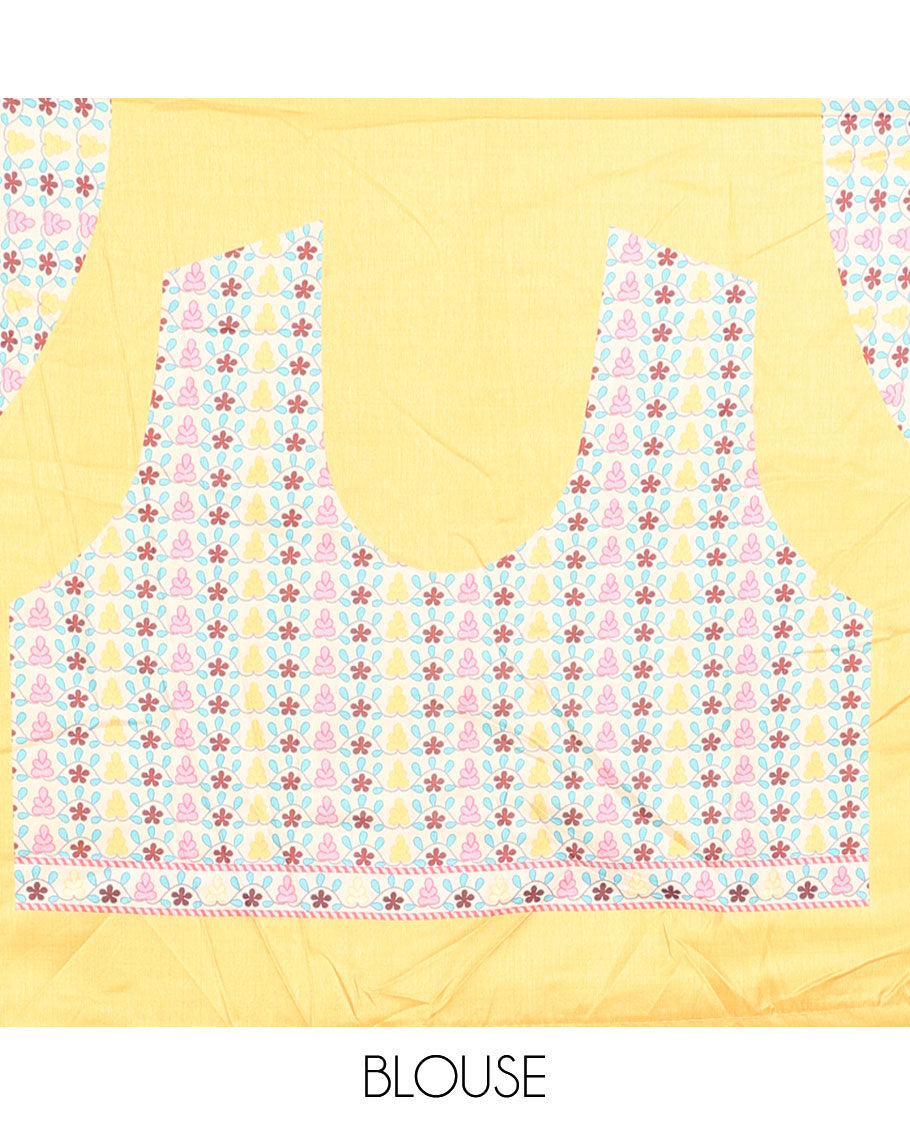 Yellow casual wear saree with stripes & buttas, floral creeper embroidered patchwork border