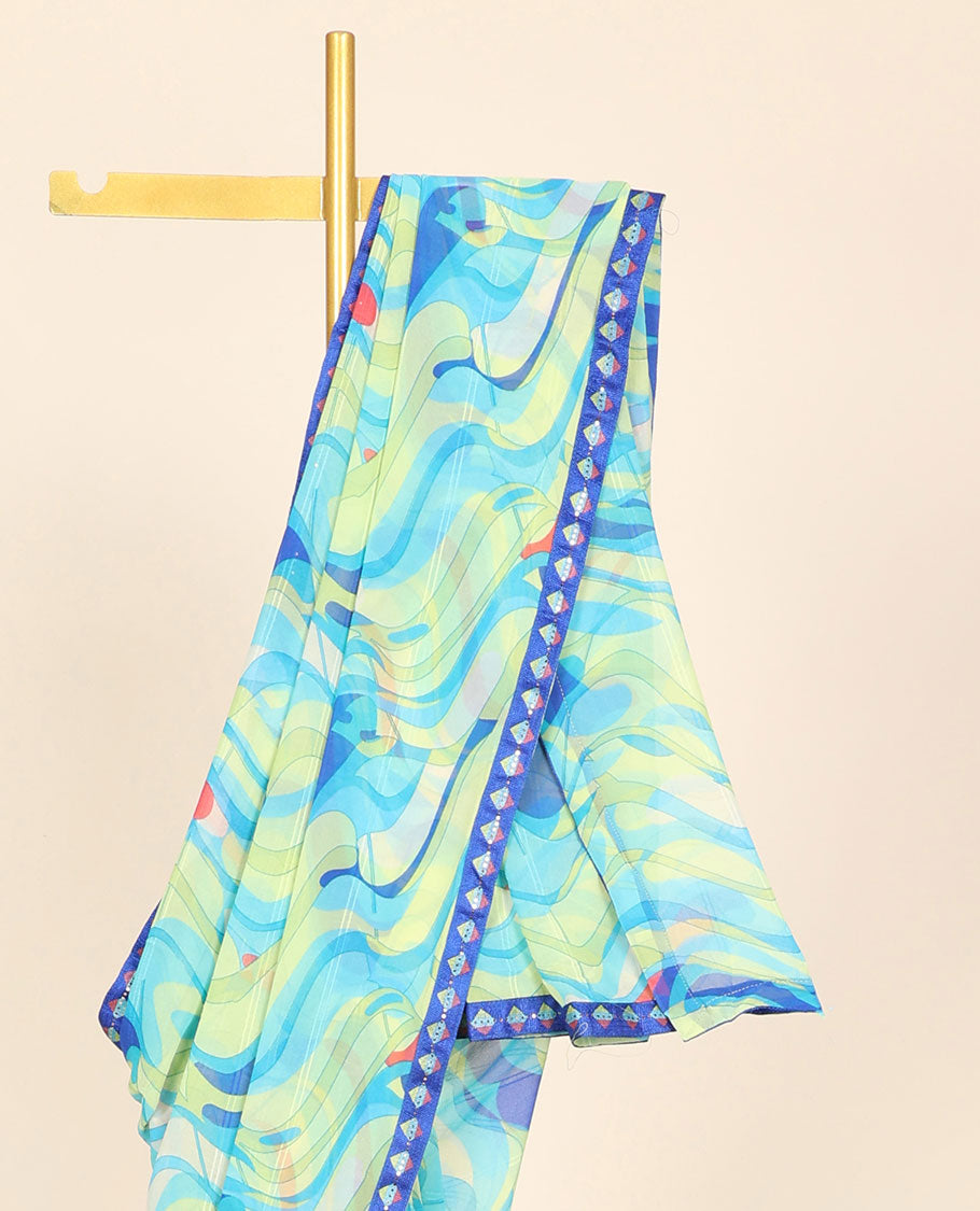 Multi-color zig-zag striped casual wear saree, contrast geometric patterned stone work border