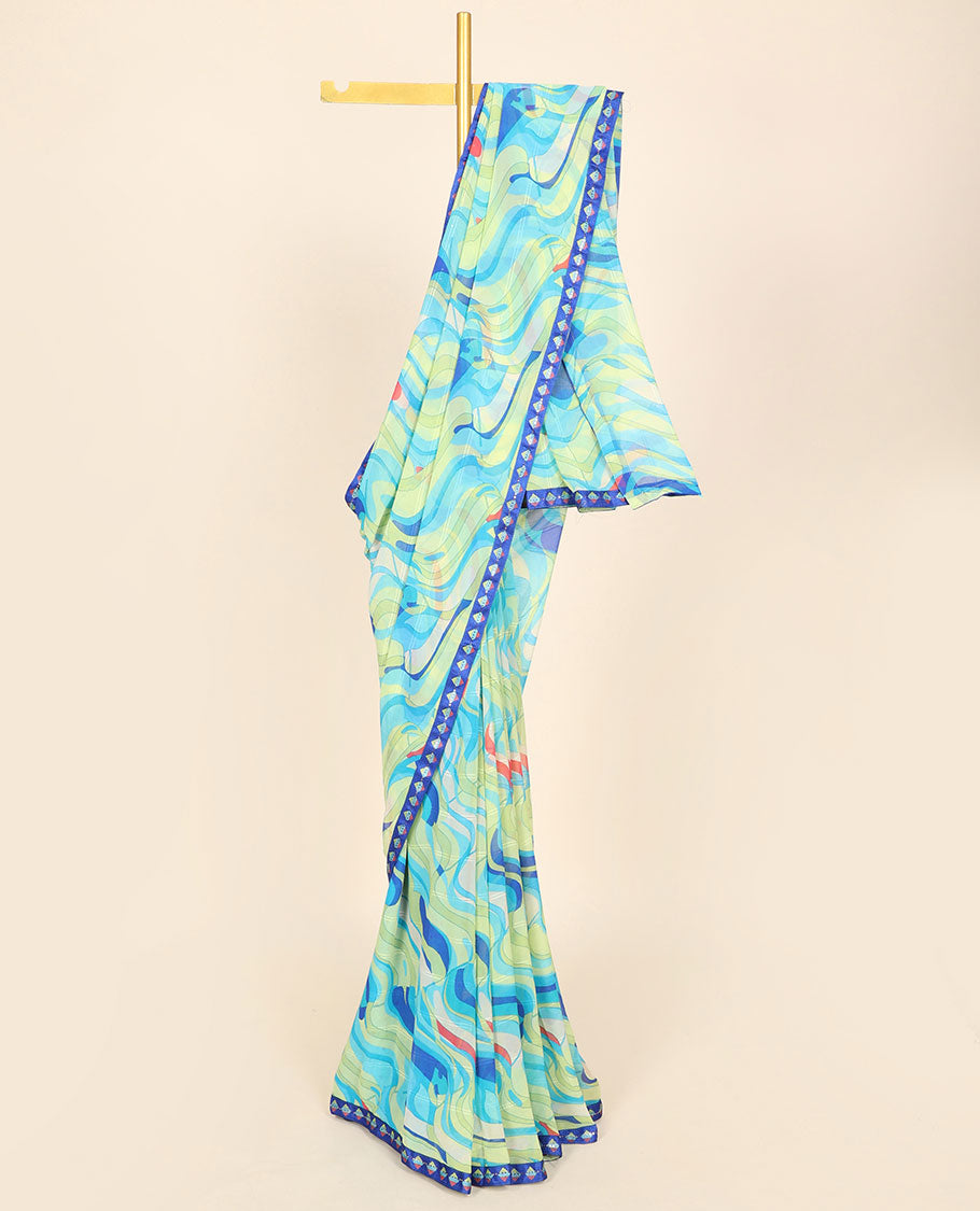 Multi-color zig-zag striped casual wear saree, contrast geometric patterned stone work border