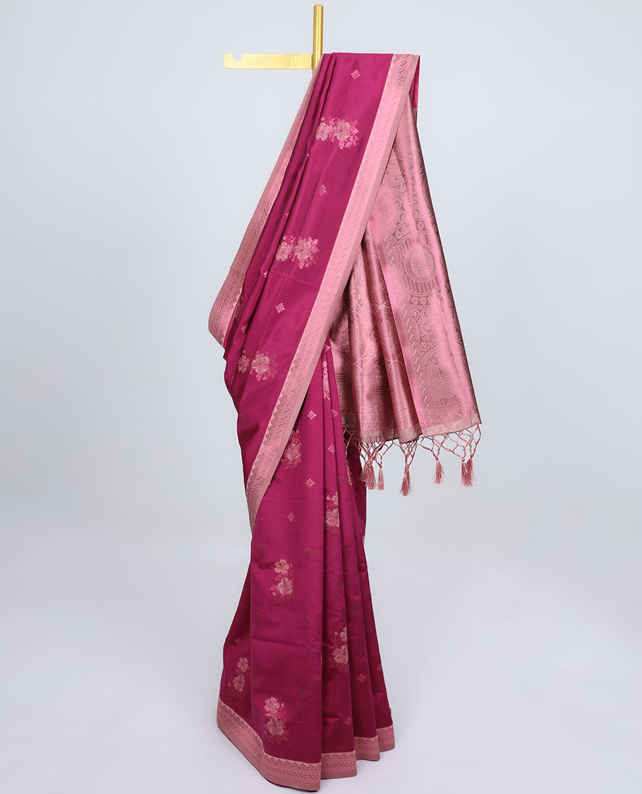 Maroon butter silk saree with floral buttas, contrast traditional motifs rose copper zari border & intricate pallu