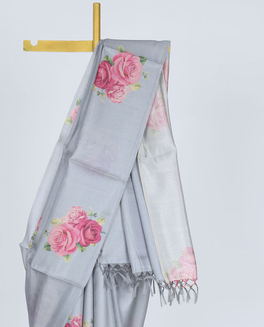 Borderless grey rose floral motifs printed kamala silk saree, contrast plain blouse