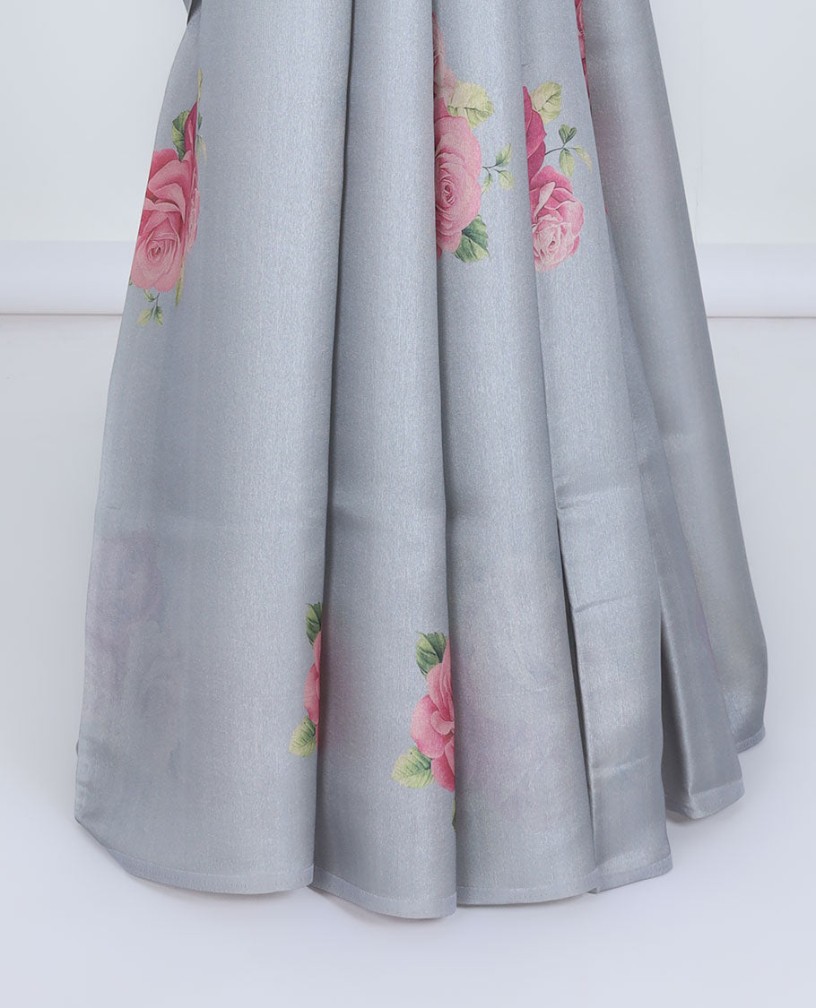 Borderless grey rose floral motifs printed kamala silk saree, contrast plain blouse