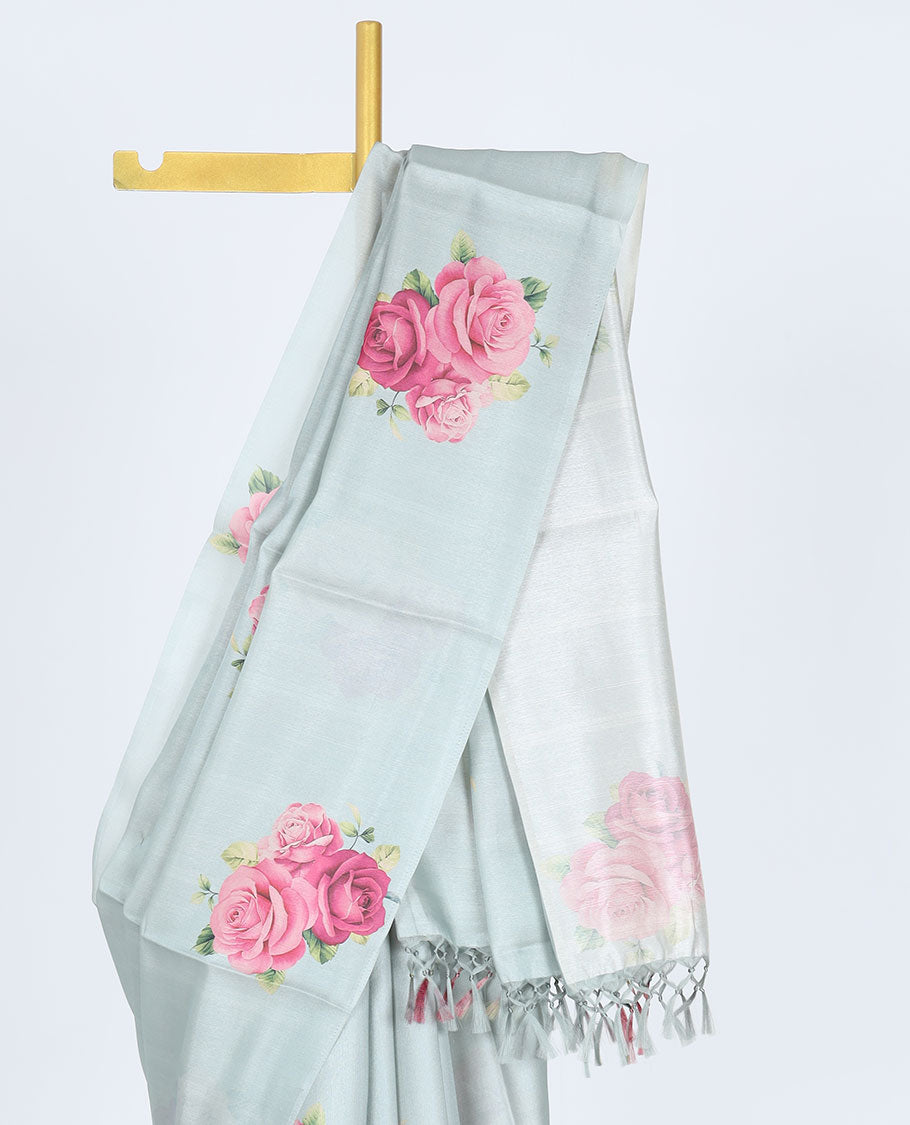 Borderless green rose floral motifs printed kamala silk saree, contrast plain blouse