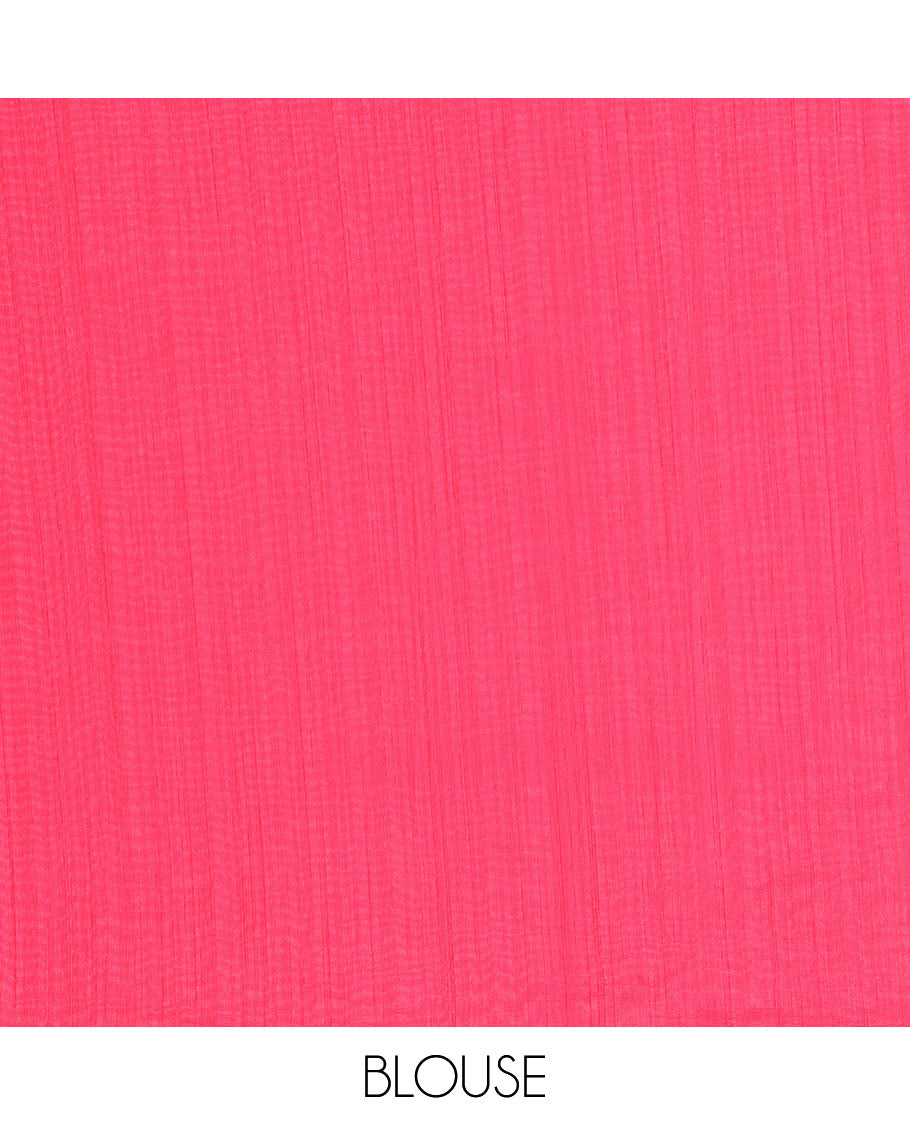 Borderless blue striped printed kamala silk saree with rose floral motifs, contrast plain blouse