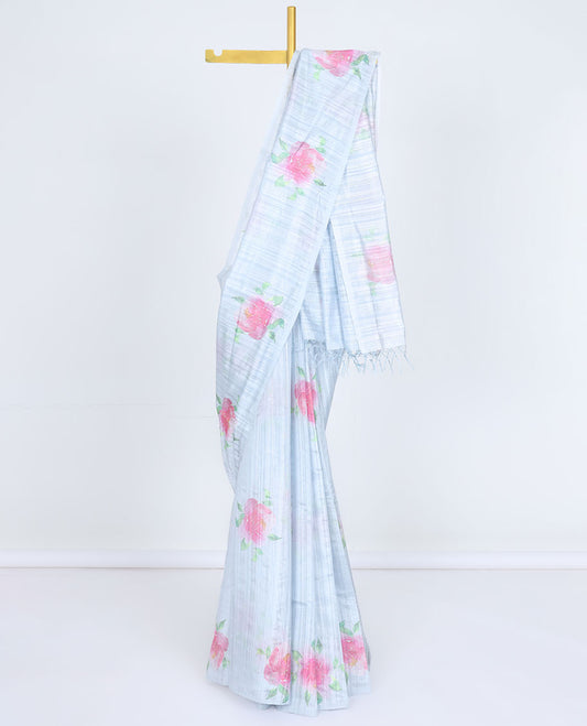 Borderless blue striped printed kamala silk saree with rose floral motifs, contrast plain blouse