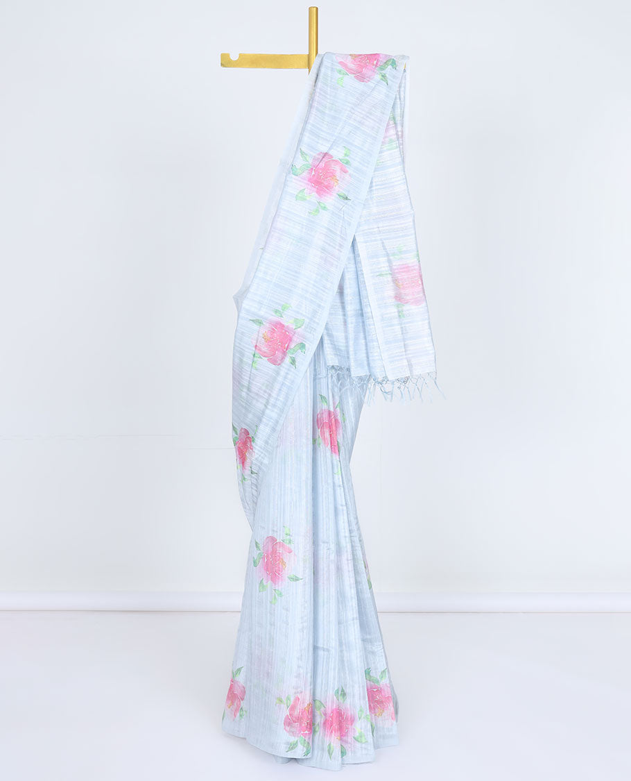 Borderless blue striped printed kamala silk saree with rose floral motifs, contrast plain blouse