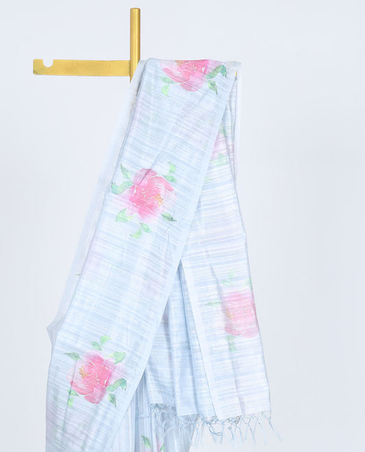 Borderless blue striped printed kamala silk saree with rose floral motifs, contrast plain blouse