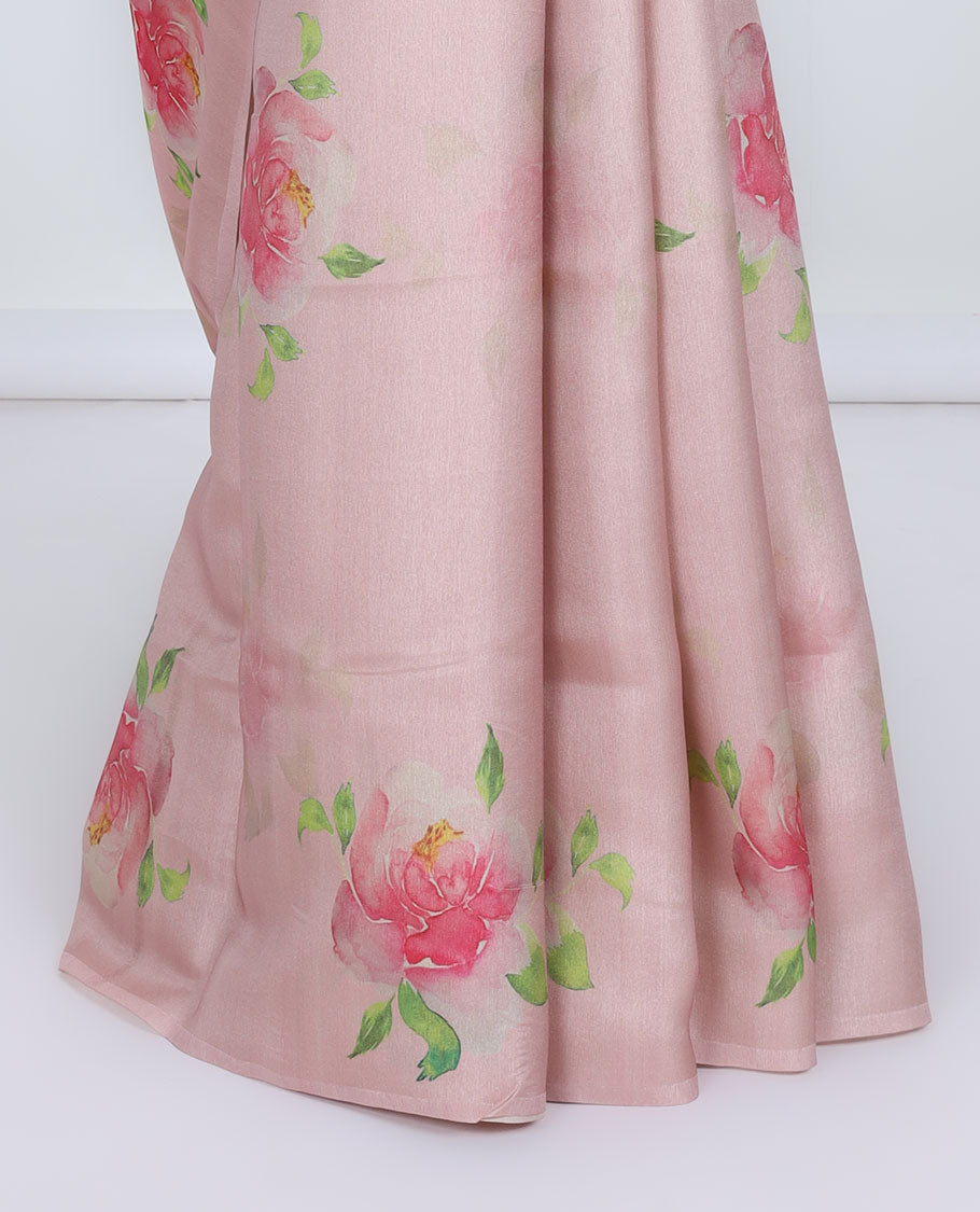 Borderless pink printed kamala silk saree with floral motifs, contrast plain blouse