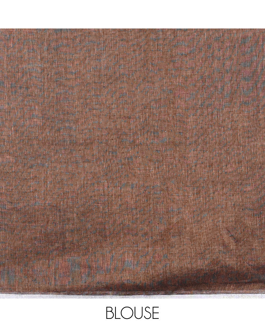 Borderless brown thread embroidered linen saree features floral motifs, pallu of sequin stripes