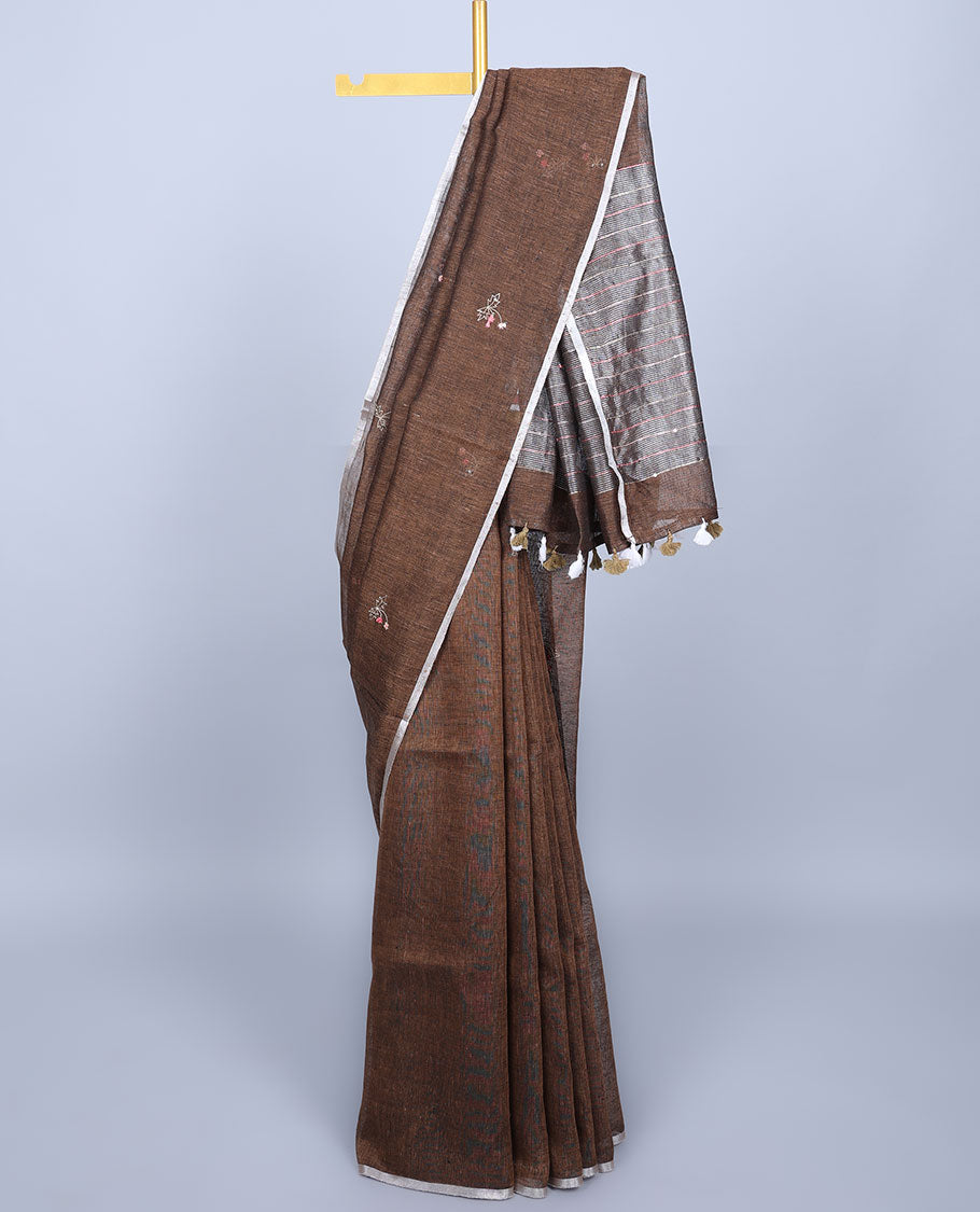 Borderless brown thread embroidered linen saree features floral motifs, pallu of sequin stripes