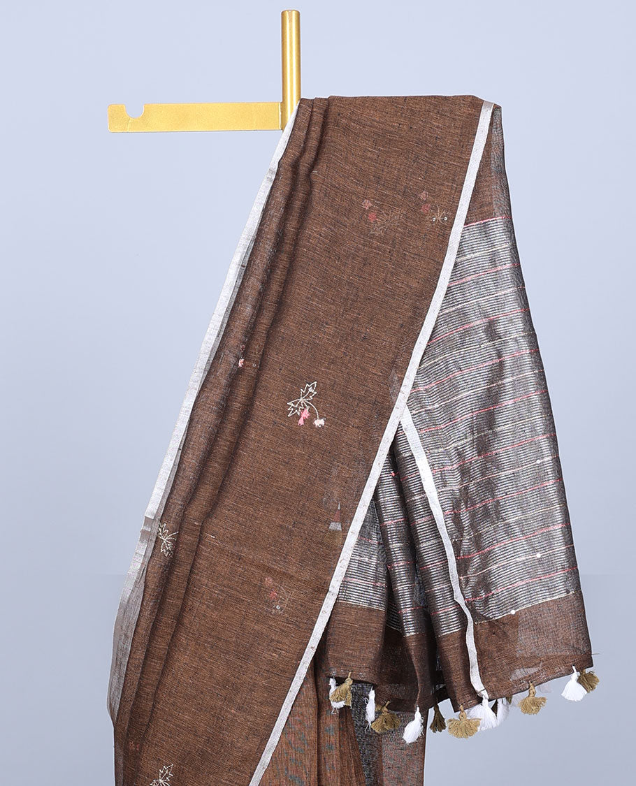 Borderless brown thread embroidered linen saree features floral motifs, pallu of sequin stripes