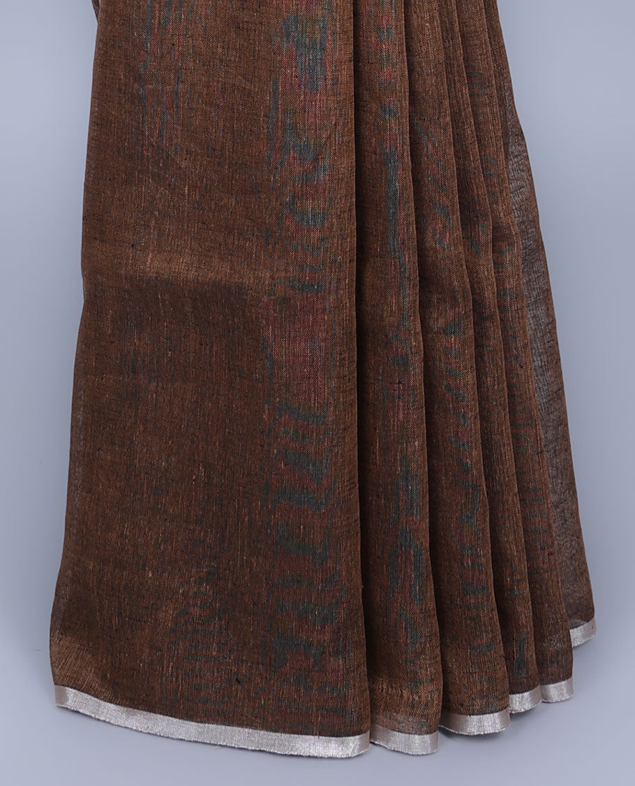 Borderless brown thread embroidered linen saree features floral motifs, pallu of sequin stripes