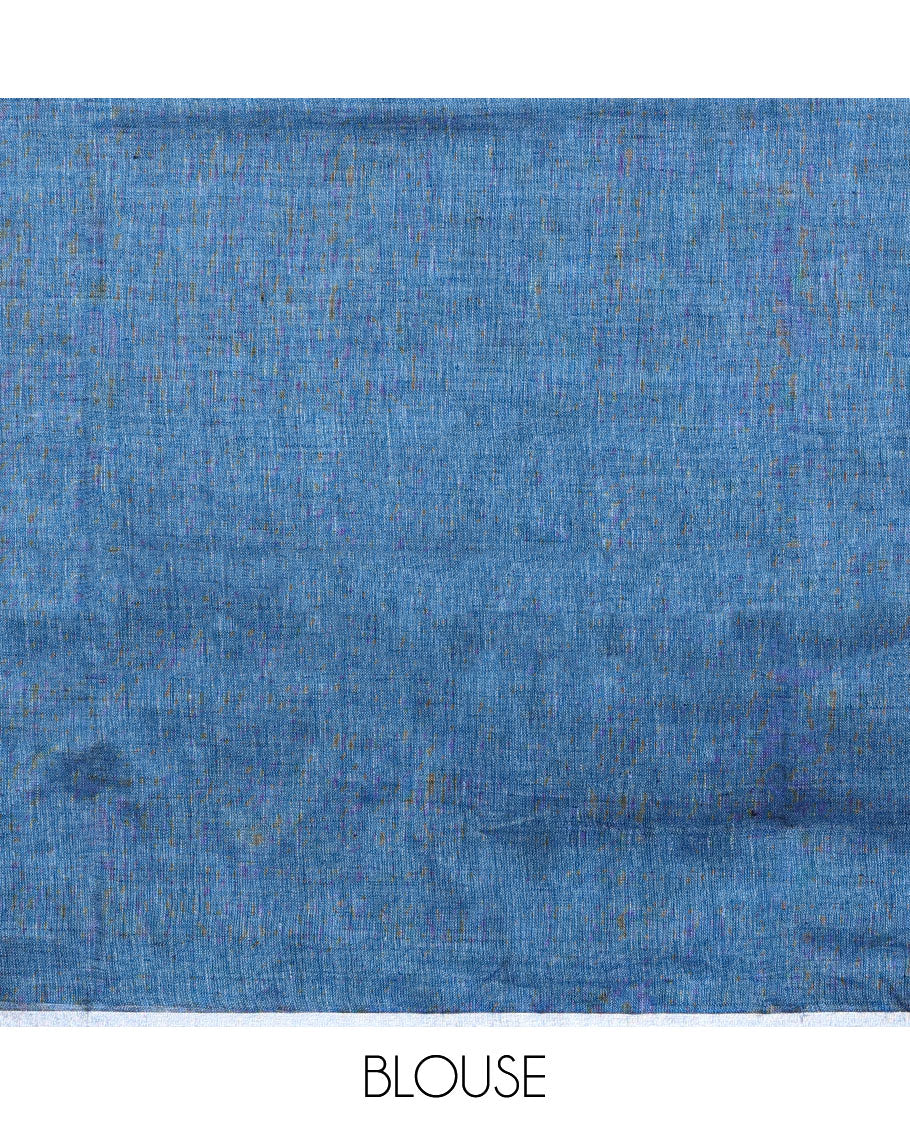 Borderless blue thread embroidered linen saree features floral motifs, pallu of sequin stripes