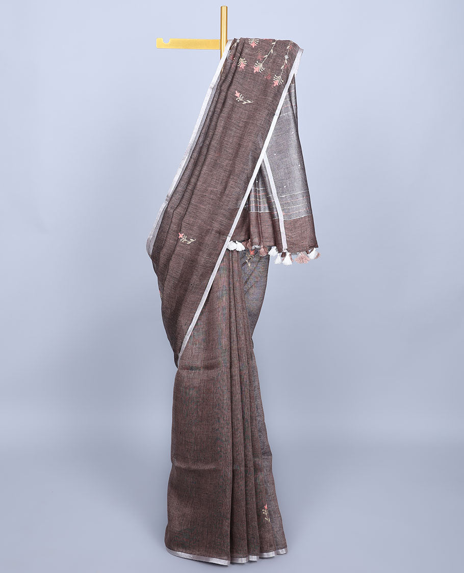 Borderless brown thread embroidered linen saree features floral designs, self-pallu of sequin stripes & tassels