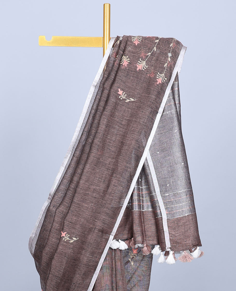 Borderless brown thread embroidered linen saree features floral designs, self-pallu of sequin stripes & tassels