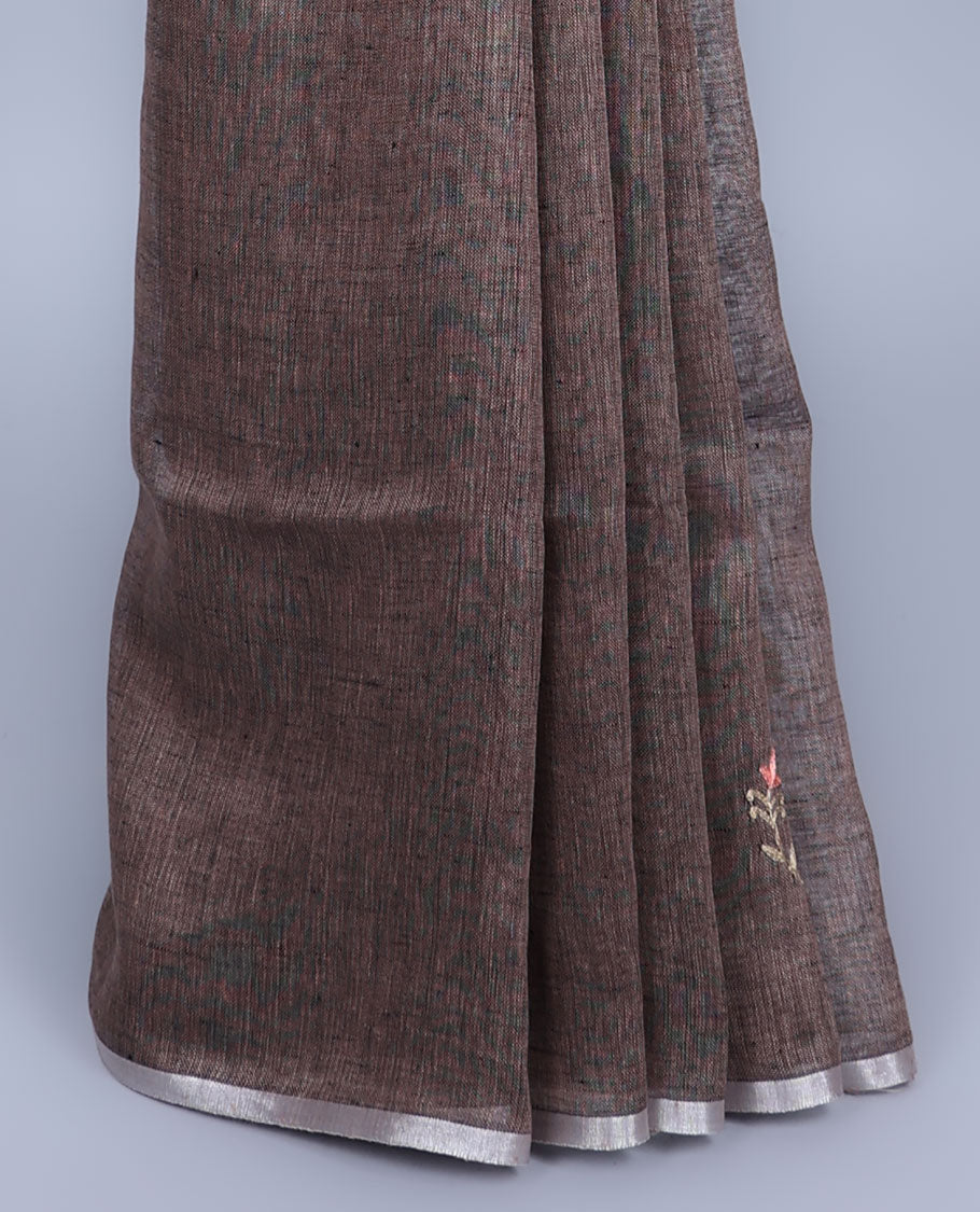 Borderless brown thread embroidered linen saree features floral designs, self-pallu of sequin stripes & tassels