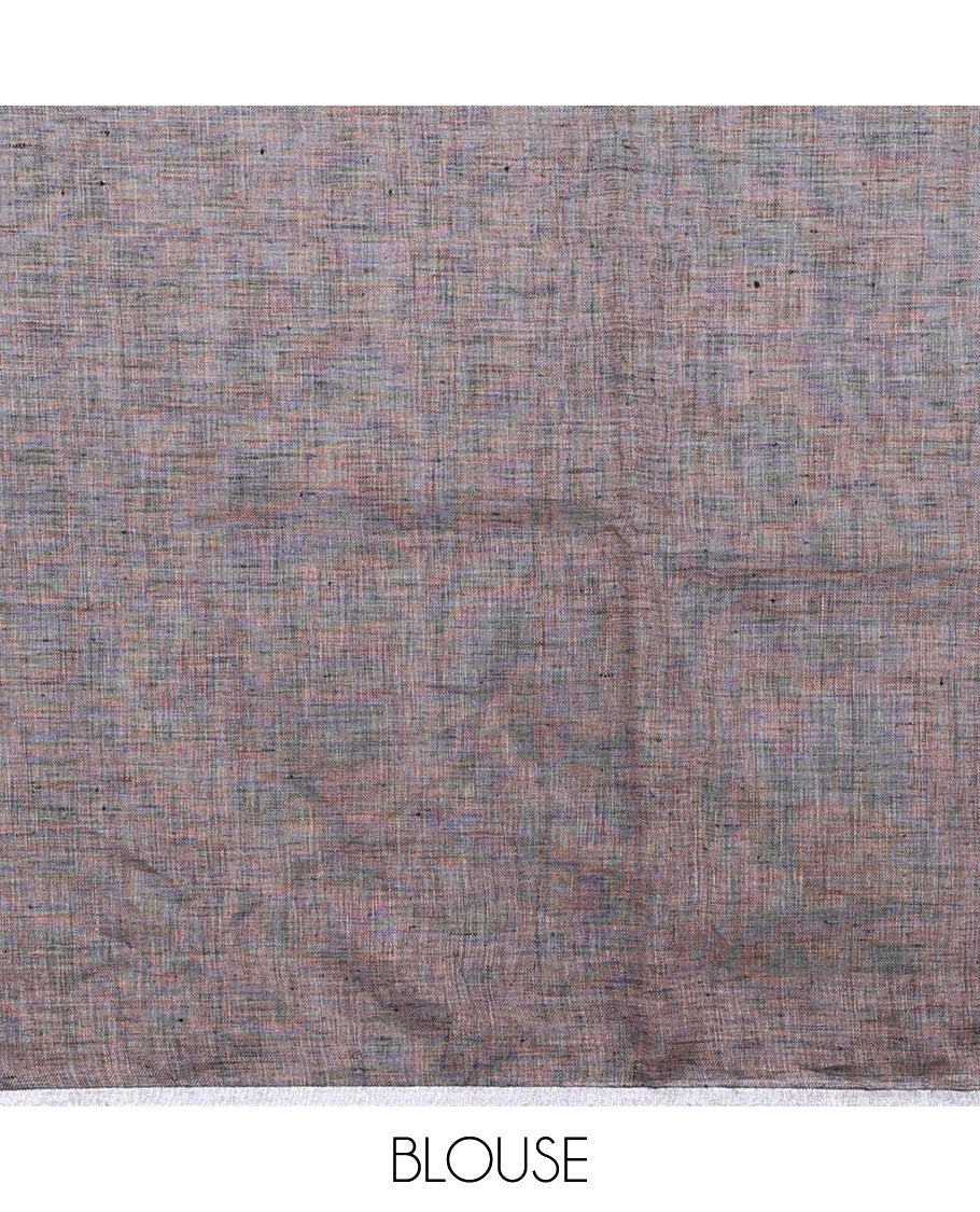 Borderless brown embroidered linen saree features geometric designs, self-pallu of stripes with tassels