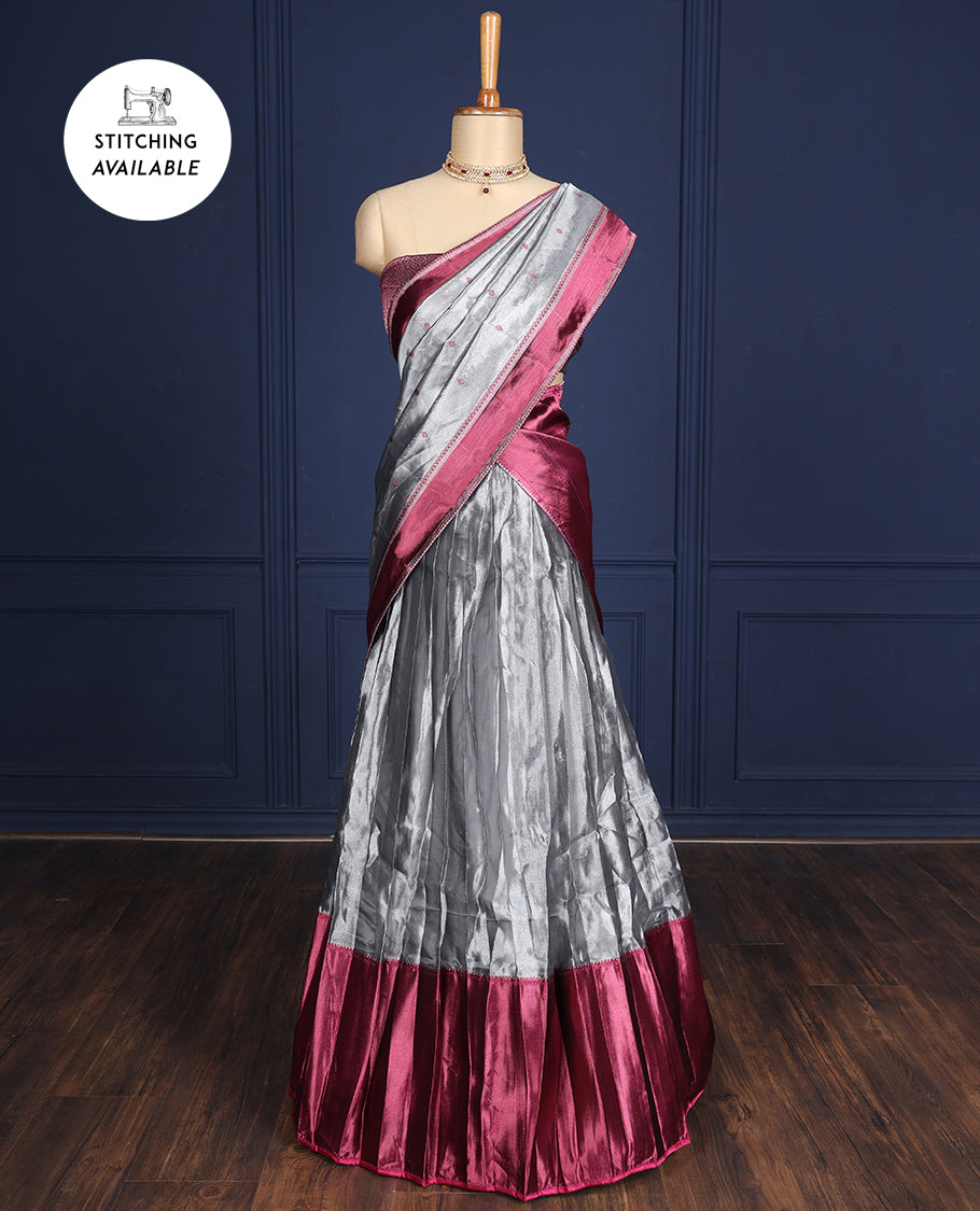 Silver grey tissue half-saree, contrast traditional motifs border, jacquard blouse & dhavani of intricate designs