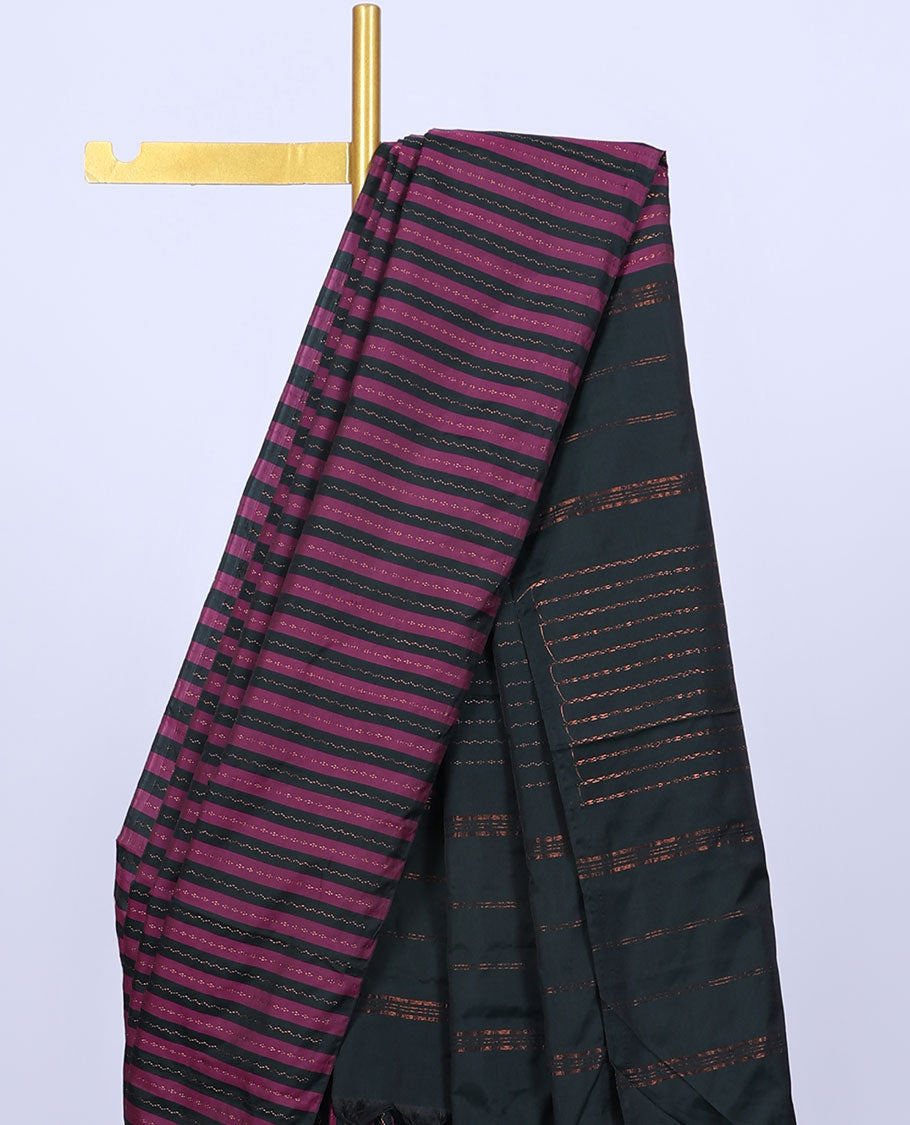 Borderless pink & green striped aarani saree with zig-zag stripes, self-pallu of zig-zag stripes & buttas