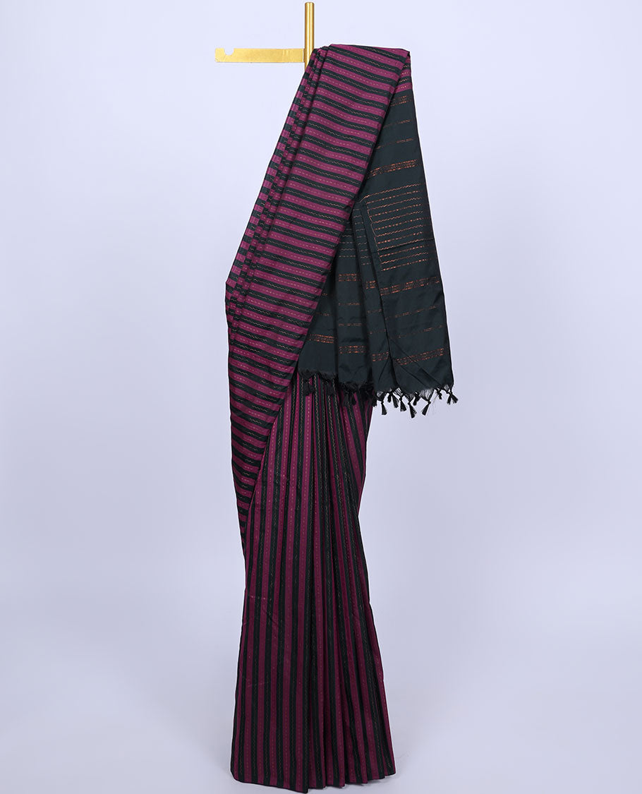 Borderless pink & green striped aarani saree with zig-zag stripes, self-pallu of zig-zag stripes & buttas