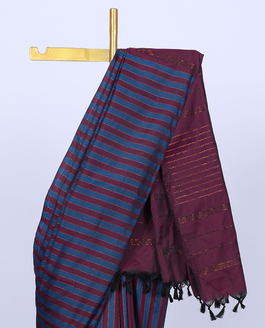 Borderless purple & blue striped aarani saree with zig-zag stripes, self-pallu of zig-zag stripes