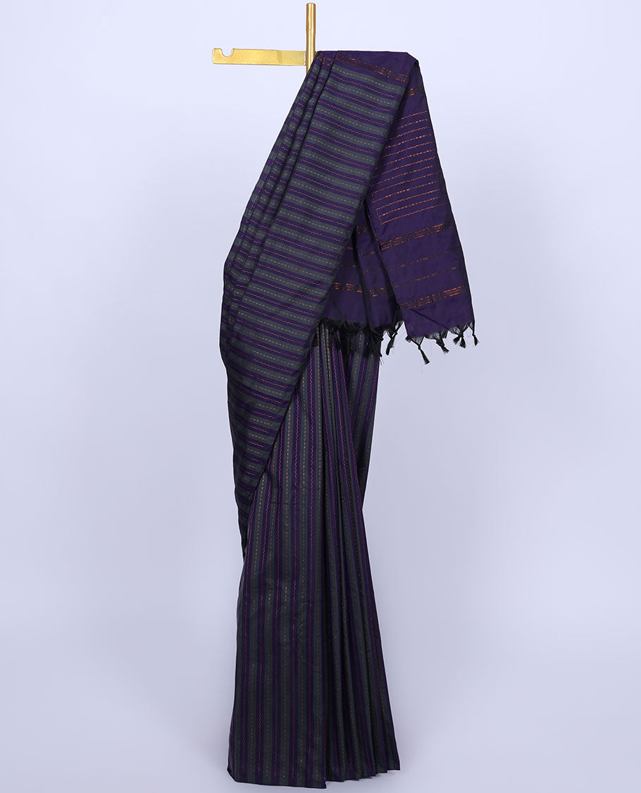 Borderless blue striped aarani saree with zig-zag stripes & buttas, self-pallu of zig-zag stripes & buttas