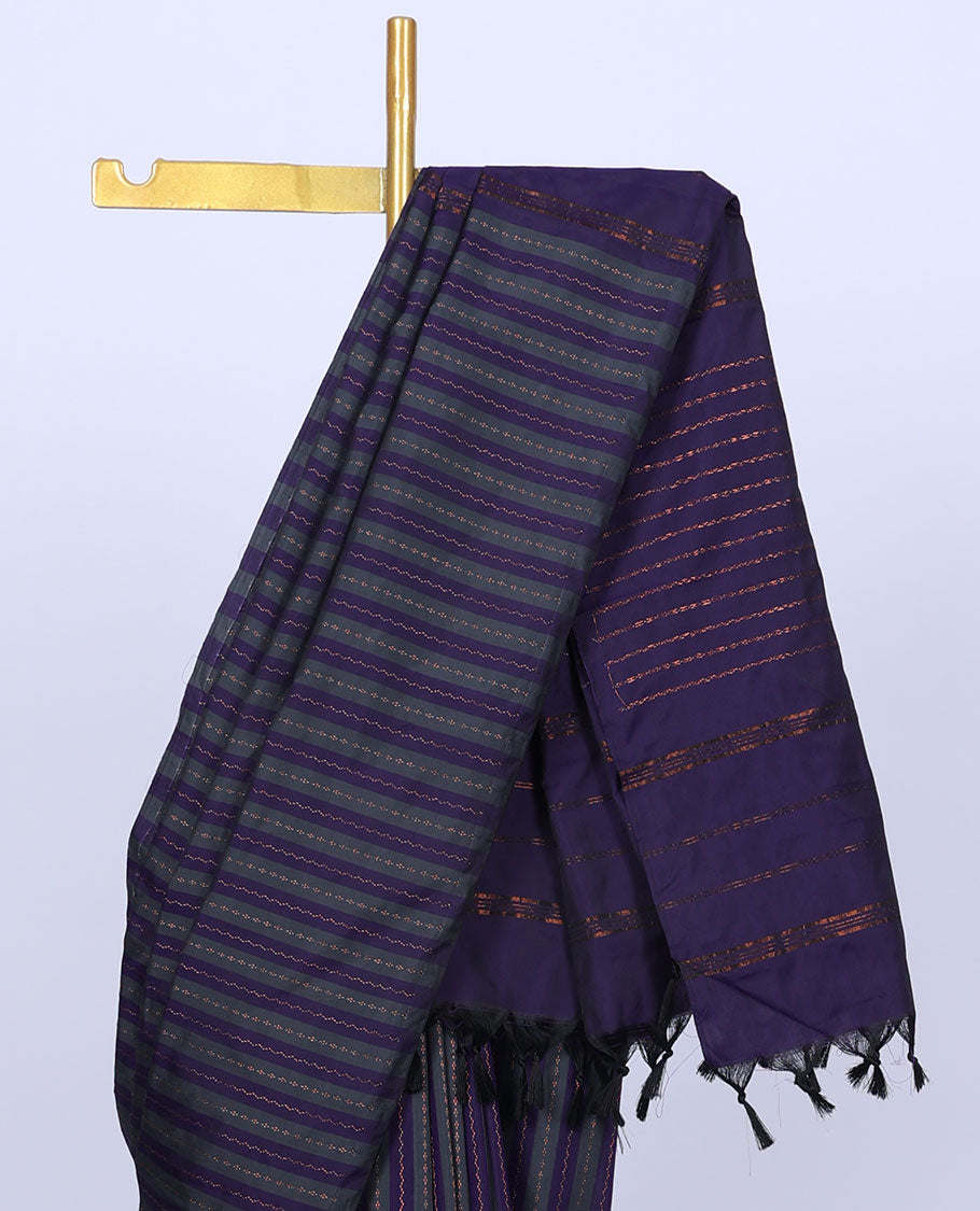 Borderless blue striped aarani saree with zig-zag stripes & buttas, self-pallu of zig-zag stripes & buttas