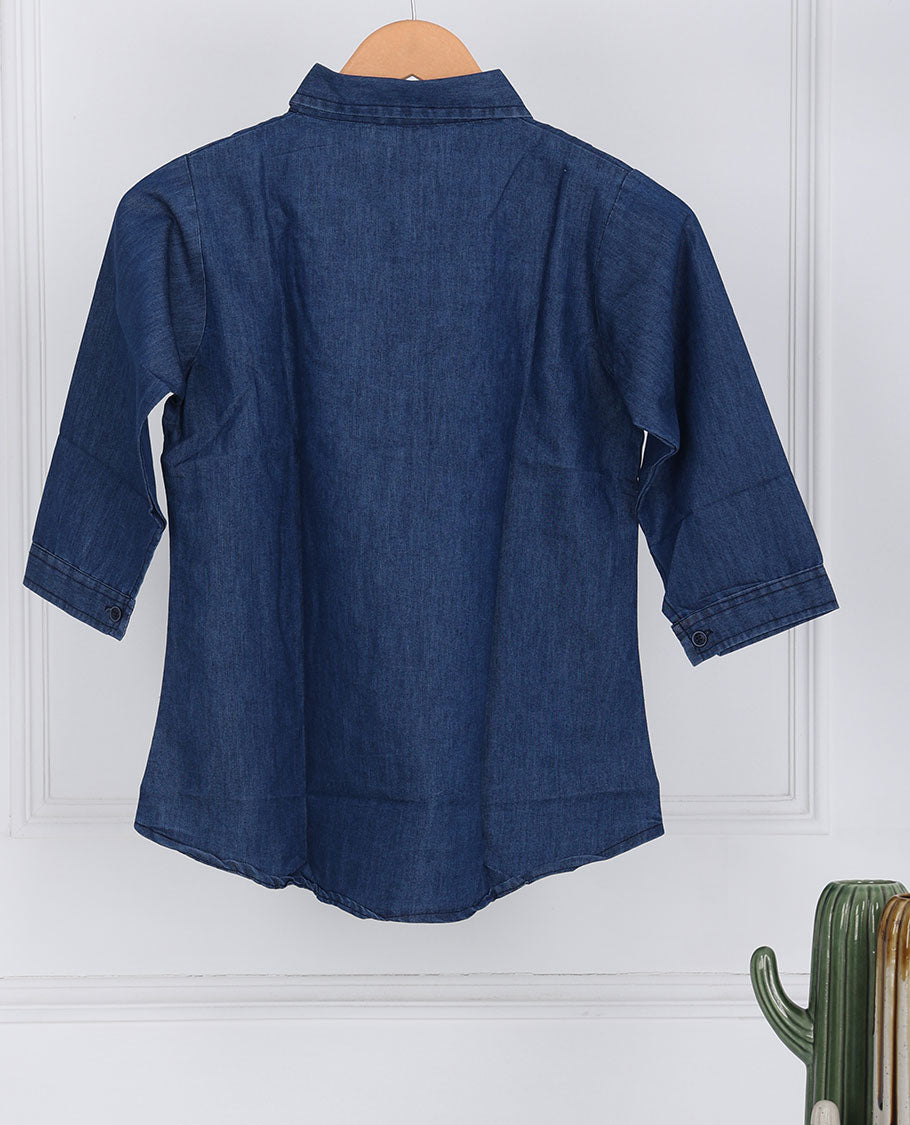Blue floral vine thread embroidered regular-collar & 3/4th-sleeve denim top