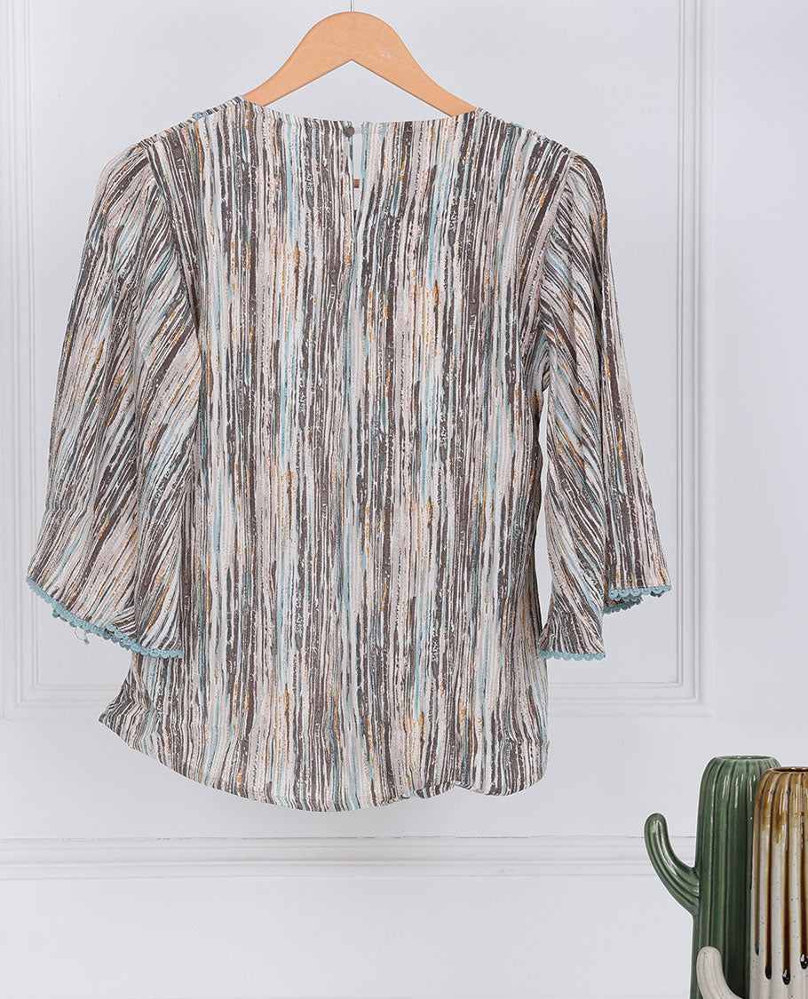 Multi-color abstract-style printed round-neck & 3/4th sleeve top