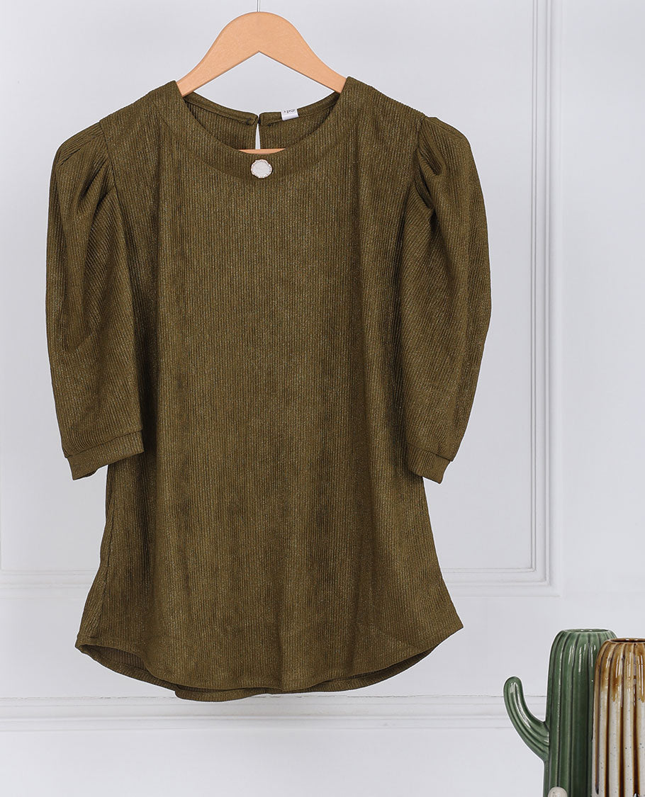 Green heathered-style round-neck & elbow sleeve top
