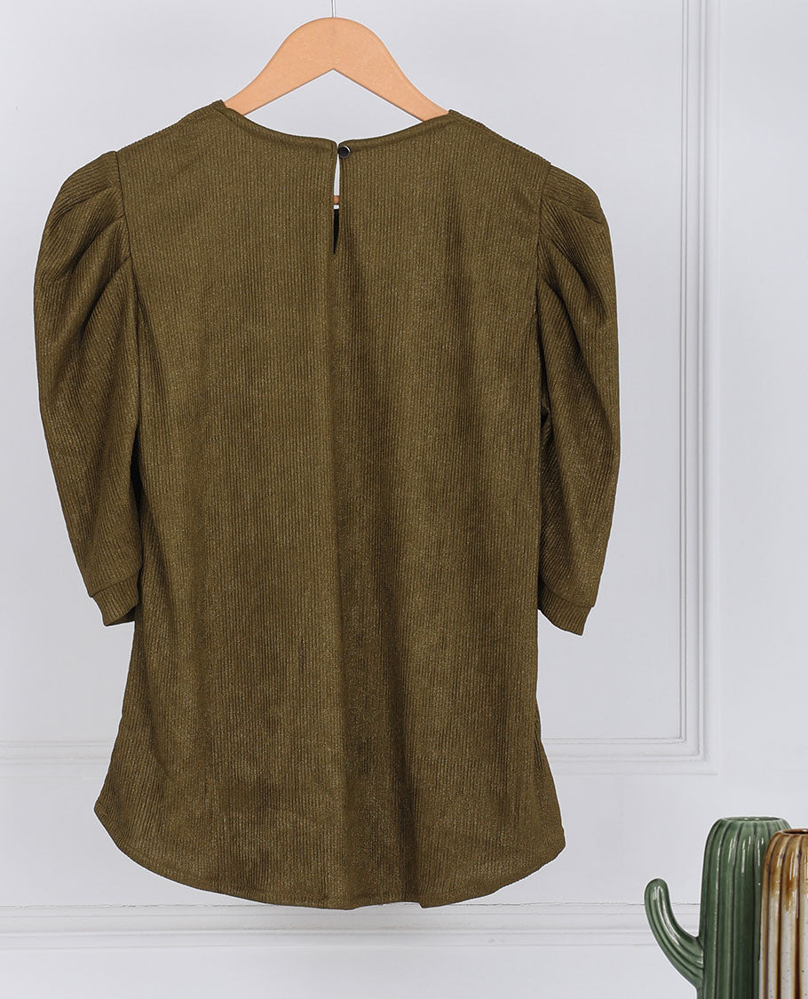 Green heathered-style round-neck & elbow sleeve top