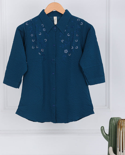 Blue embossed & floral vine thread embroidered regular-collar & 3/4th-sleeve top