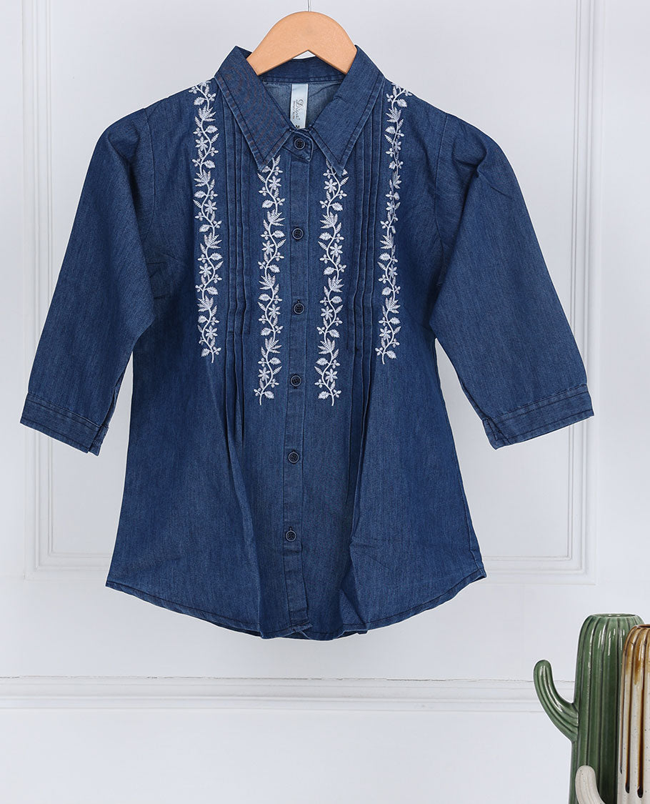 Blue floral vine thread embroidered regular collar & 3/4th sleeve denim top