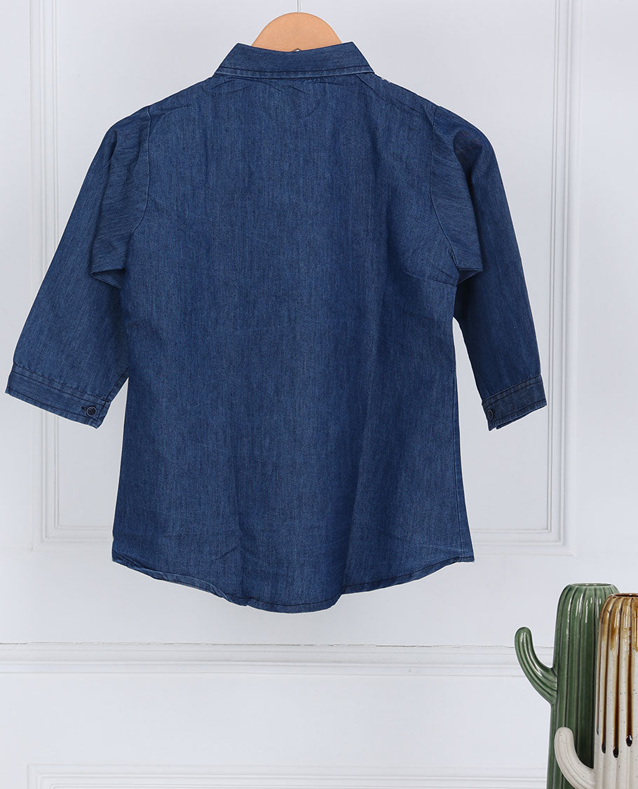 Blue floral vine thread embroidered regular collar & 3/4th sleeve denim top