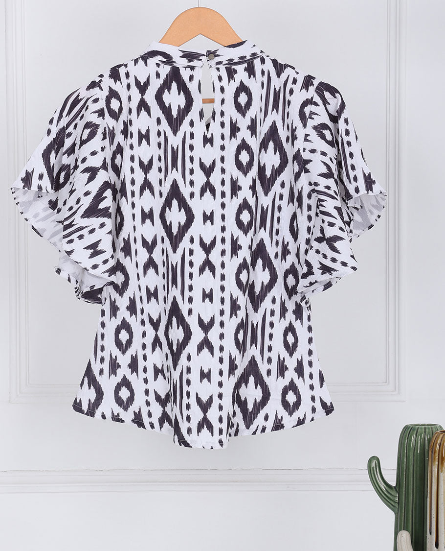 White ikkat-style uniquely printed front v-neck & butterfly sleeve top