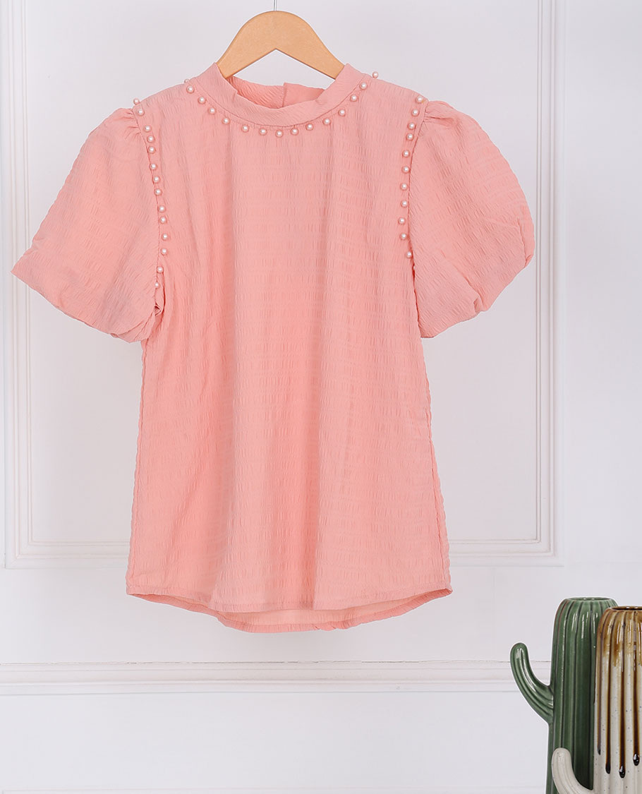 Peach pearl bead embroidered front round-neck & short sleeve top