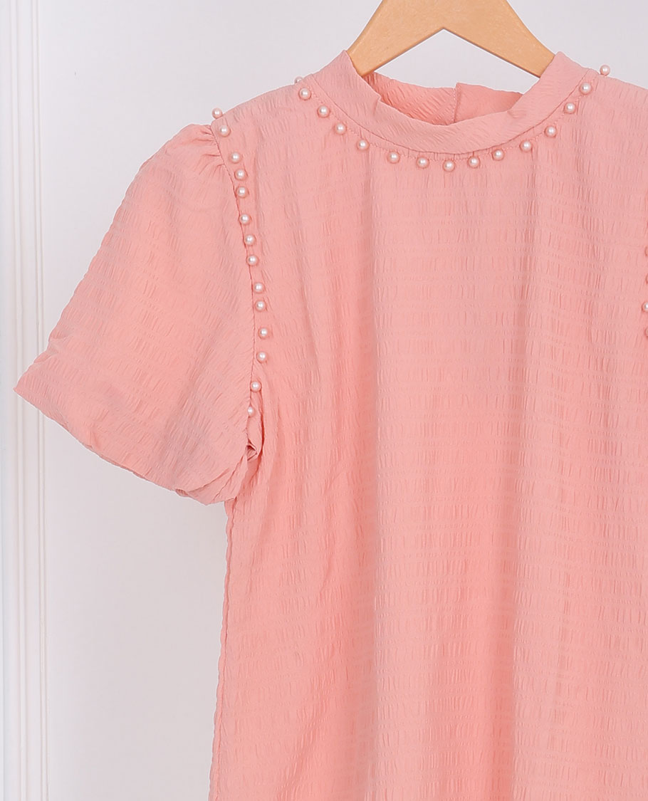 Peach pearl bead embroidered front round-neck & short sleeve top